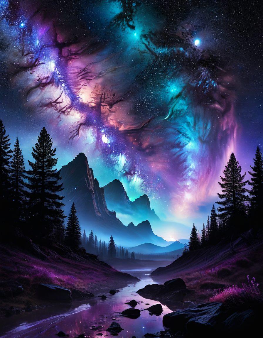 A breathtaking cosmic landscape showcasing vibrant, swirling nebulas in rich purples and blues, with glimmering stars scattered across a dark sky. A distant galaxy spirals elegantly in the background, while a glowing comet streaks across the scene. Ethereal light beams cascade through the nebulas, creating a mystical atmosphere. super-realistic. vibrant colors. 3D.