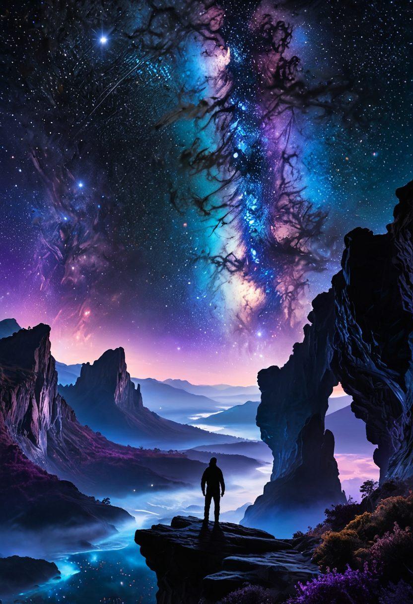 A breathtaking cosmic landscape featuring vibrant nebulae and twinkling stars swirling around a central glowing galaxy, with ethereal colors of deep blues, purples, and hints of gold. Include a silhouette of a traveler gazing up in wonder at the beauty of the universe, standing on a cliff under a starlit sky. Evoke a sense of adventure and awe as if the viewer is embarking on a journey through the cosmos. super-realistic. vibrant colors. 3D.