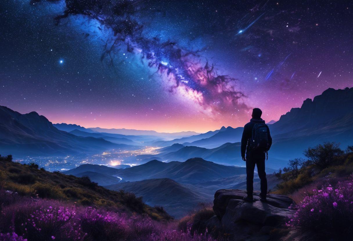 A breathtaking view of a starry night sky filled with vibrant constellations, glowing nebulas, and swirling galaxies, emphasizing deep blues and purples. Include a silhouette of a traveler gazing upward in awe, surrounded by lush landscapes illuminated by moonlight. The scene should evoke a sense of wonder and exploration. super-realistic. vibrant colors. cosmic theme.